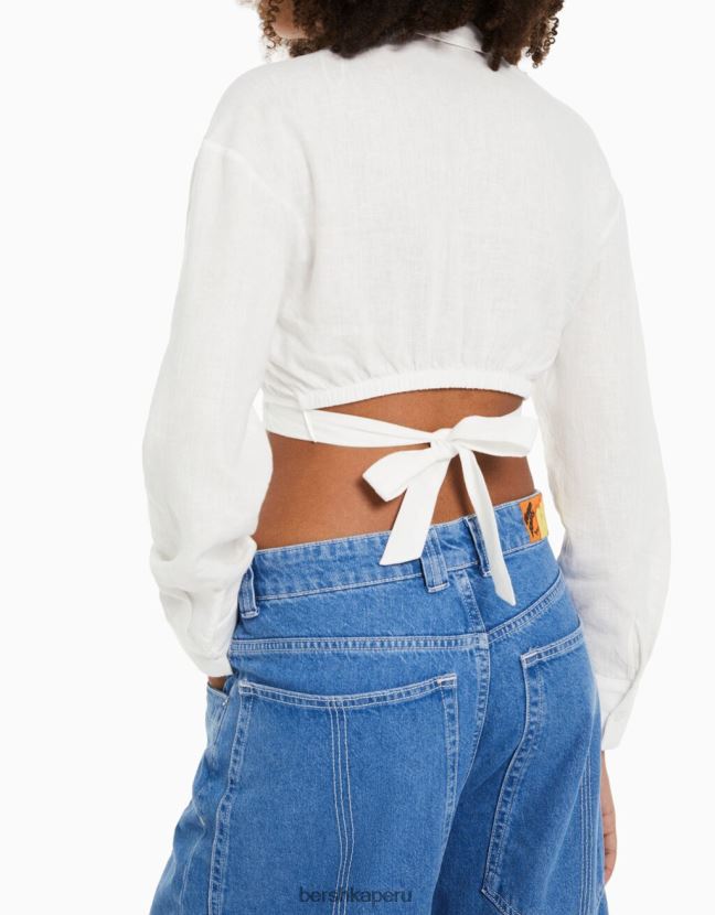 blanco Bershka mujer camisa cruzada de manga larga de mezcla de lino 806J6B910