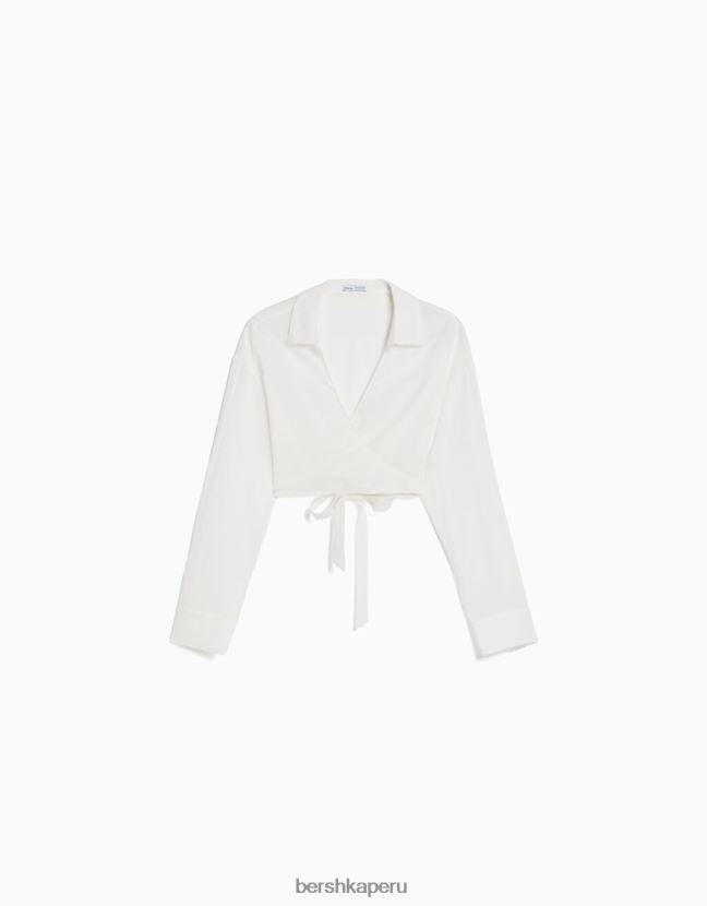blanco Bershka mujer camisa cruzada de manga larga de mezcla de lino 806J6B910