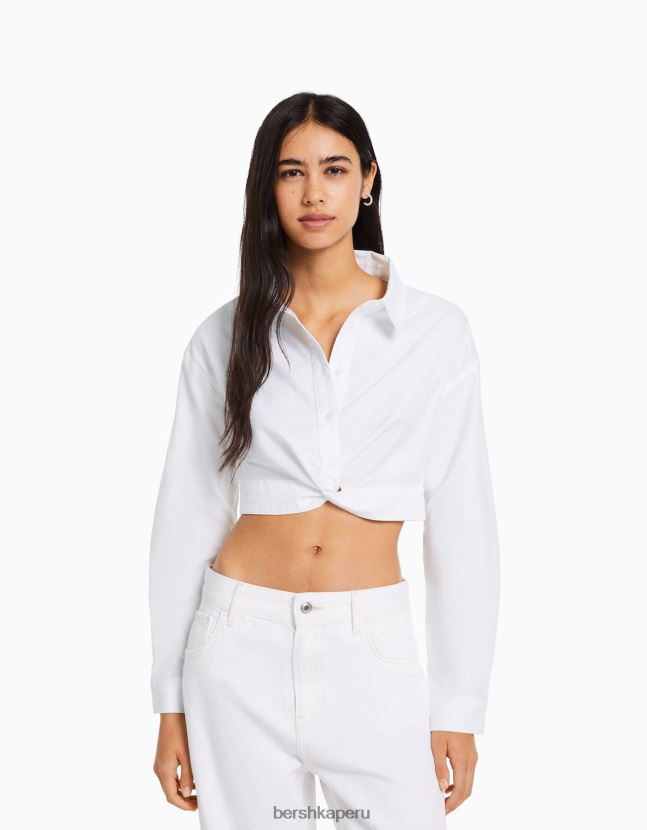 blanco Bershka mujer camisa de manga larga con detalle cruzado en la parte delantera 806J6B920