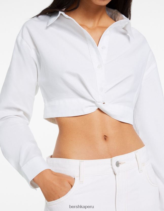 blanco Bershka mujer camisa de manga larga con detalle cruzado en la parte delantera 806J6B920