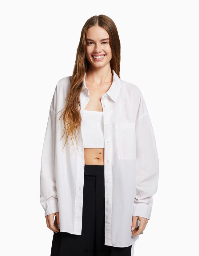 blanco Bershka mujer camisa oversize de popelina de manga larga 806J6B927
