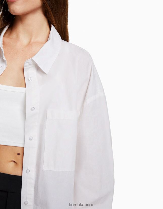 blanco Bershka mujer camisa oversize de popelina de manga larga 806J6B927