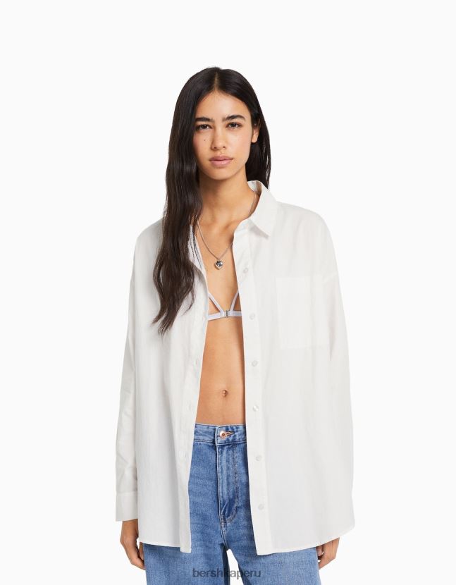 blanco Bershka mujer camisa oversize de popelina de manga larga 806J6B943