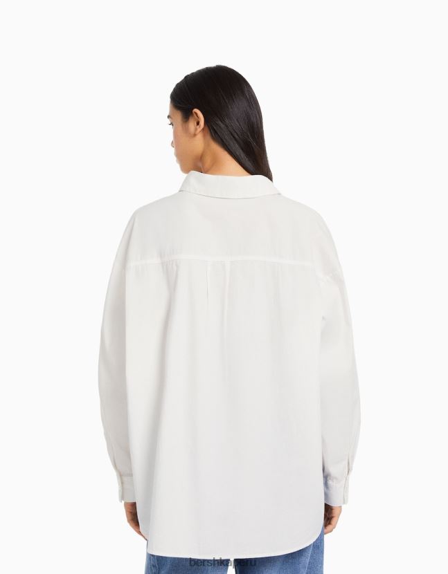 blanco Bershka mujer camisa oversize de popelina de manga larga 806J6B943