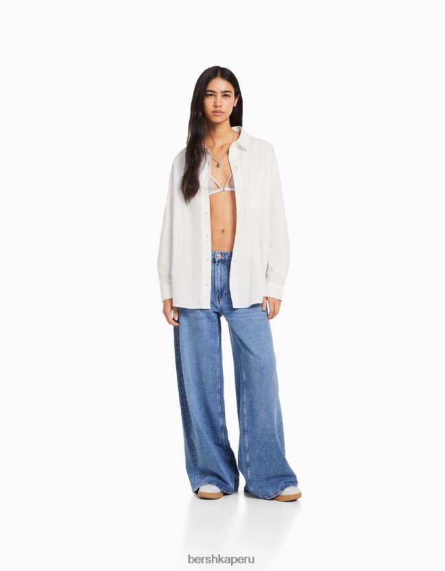 blanco Bershka mujer camisa oversize de popelina de manga larga 806J6B943