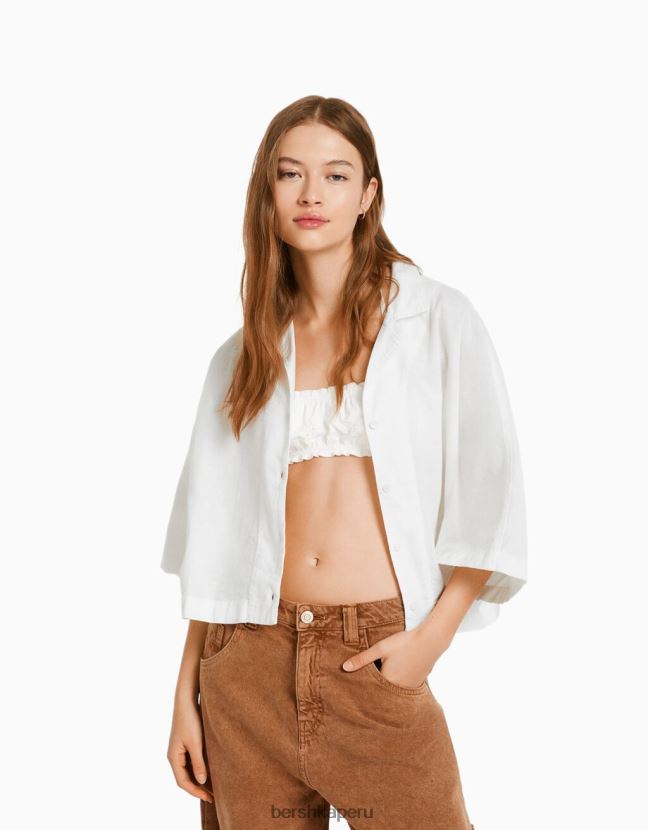 blanco Bershka mujer camisa rústica de manga corta estilo kimono 806J6B913