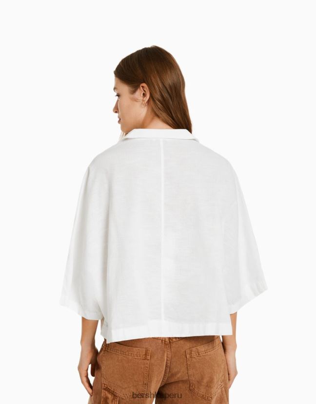 blanco Bershka mujer camisa rústica de manga corta estilo kimono 806J6B913