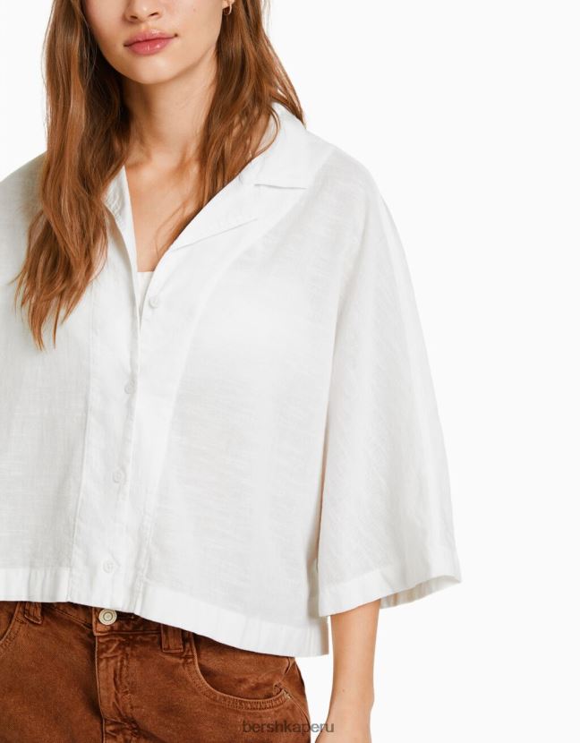 blanco Bershka mujer camisa rústica de manga corta estilo kimono 806J6B913