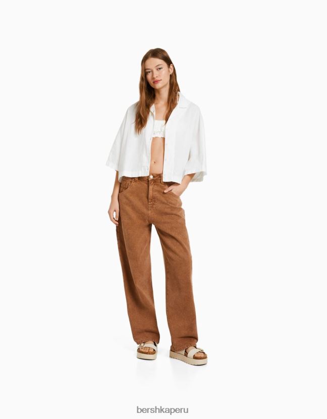 blanco Bershka mujer camisa rústica de manga corta estilo kimono 806J6B913