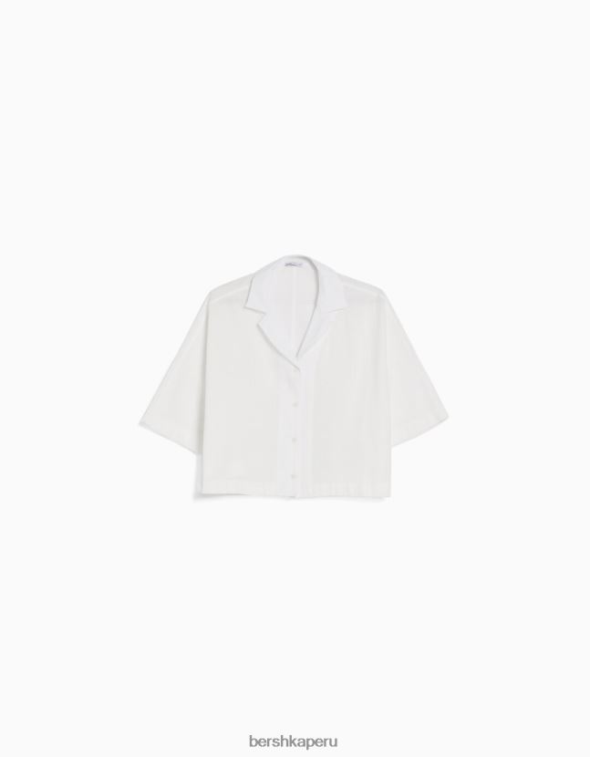 blanco Bershka mujer camisa rústica de manga corta estilo kimono 806J6B915