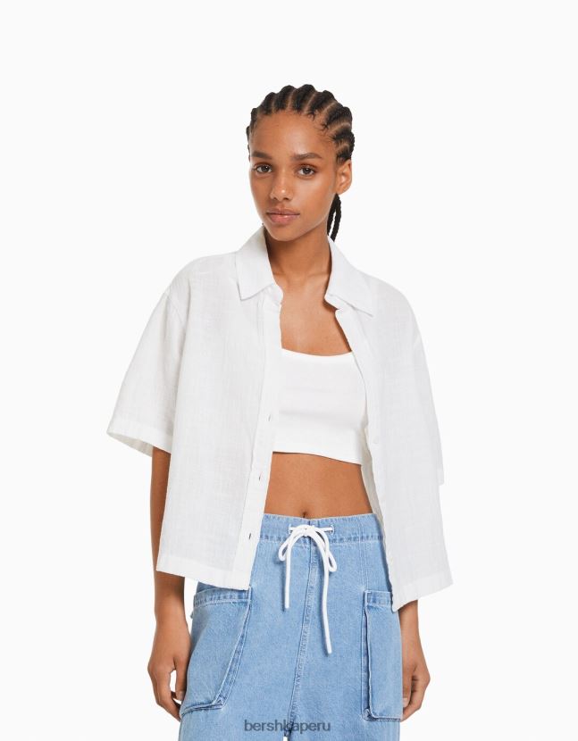 blanco Bershka mujer camisa rústica manga corta texturizada 806J6B905