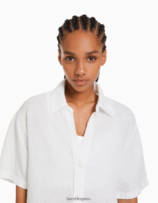 blanco Bershka mujer camisa rústica manga corta texturizada 806J6B905