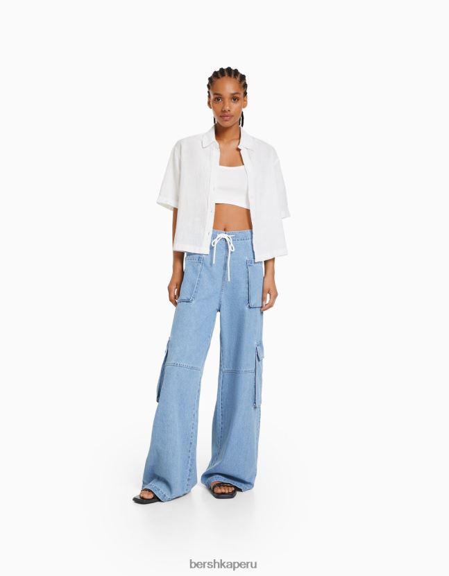 blanco Bershka mujer camisa rústica manga corta texturizada 806J6B905