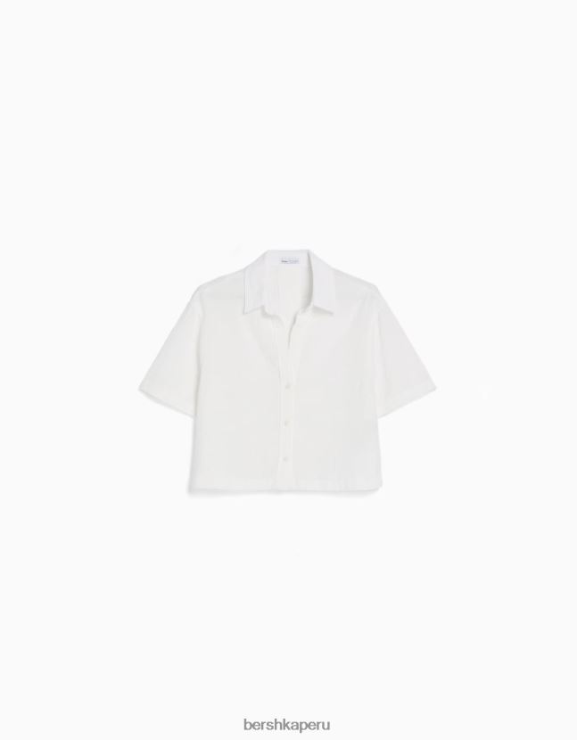 blanco Bershka mujer camisa rústica manga corta texturizada 806J6B905