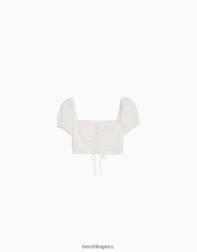 blanco Bershka mujer top corto de manga corta en mezcla de lino con detalle fruncido 806J6B899
