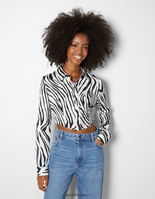 blanco negro Bershka mujer camisa corta ajustada de manga larga 806J6B925