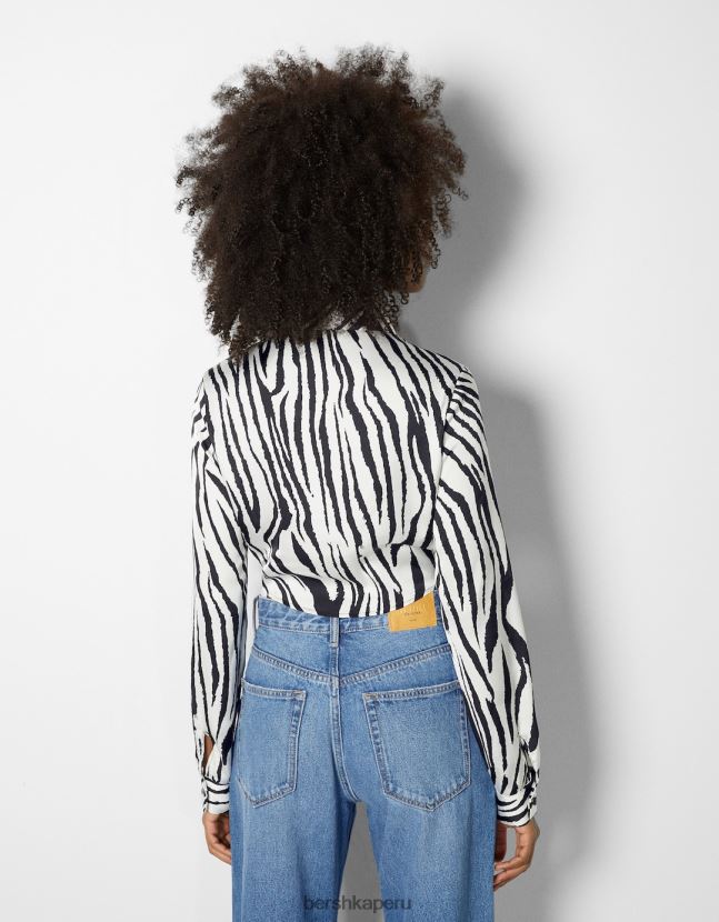blanco negro Bershka mujer camisa corta ajustada de manga larga 806J6B925