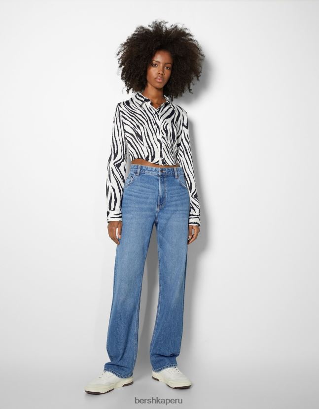 blanco negro Bershka mujer camisa corta ajustada de manga larga 806J6B925