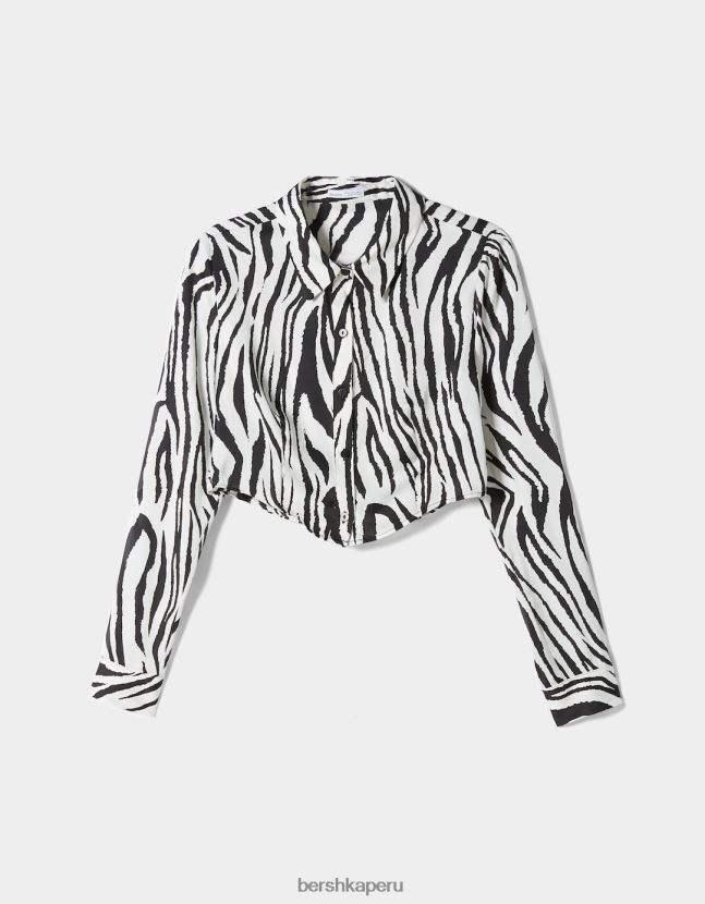 blanco negro Bershka mujer camisa corta ajustada de manga larga 806J6B925