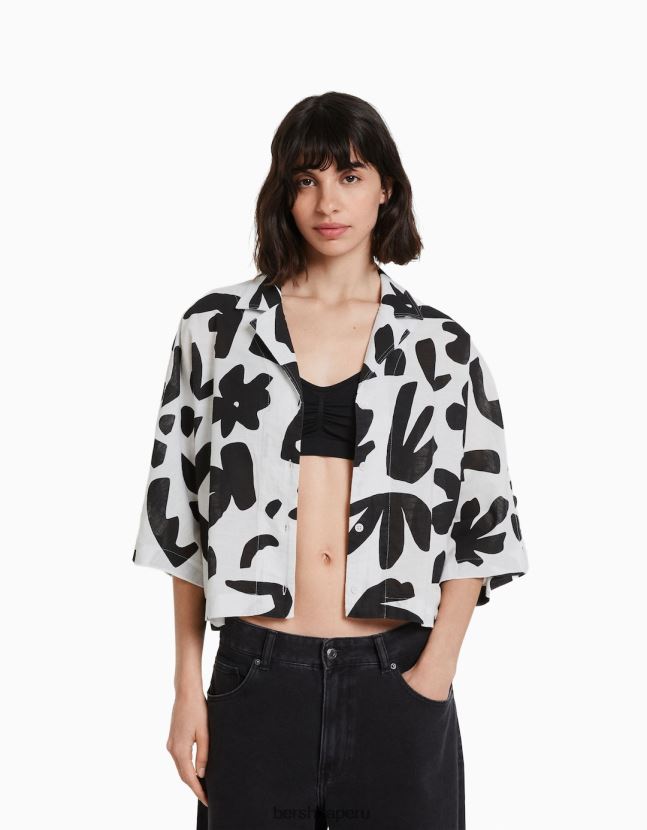 blanco negro Bershka mujer camisa rústica de manga corta estilo kimono 806J6B912