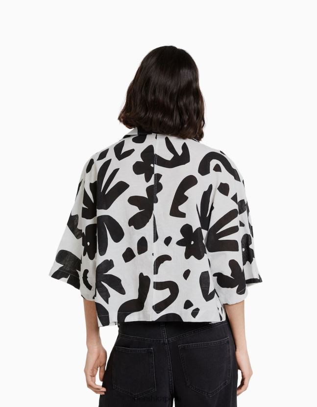blanco negro Bershka mujer camisa rústica de manga corta estilo kimono 806J6B912