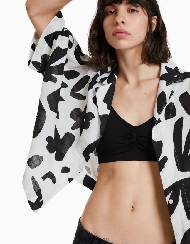blanco negro Bershka mujer camisa rústica de manga corta estilo kimono 806J6B912