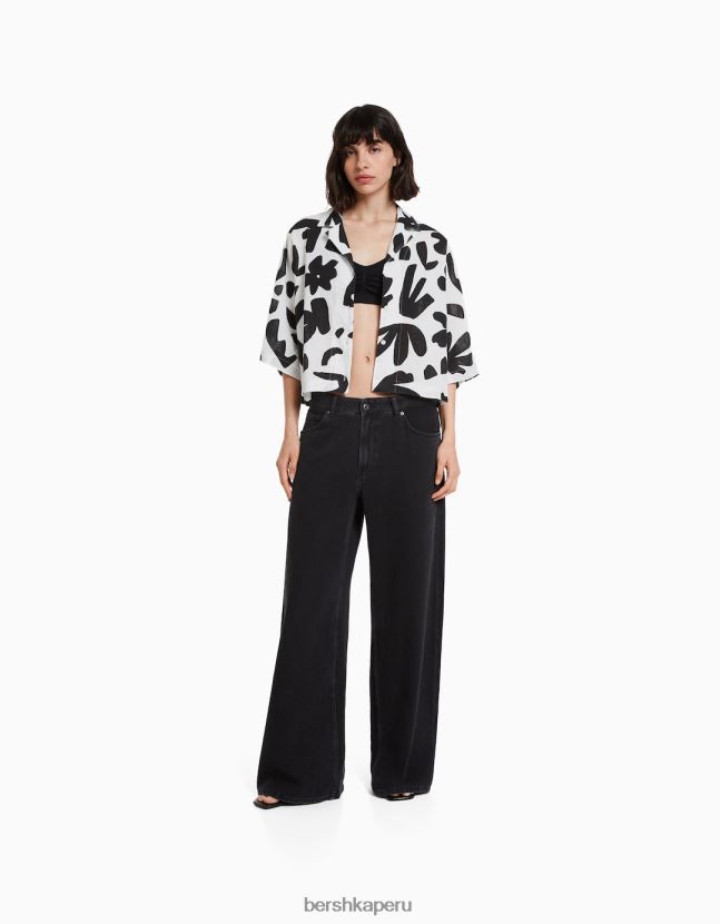 blanco negro Bershka mujer camisa rústica de manga corta estilo kimono 806J6B912
