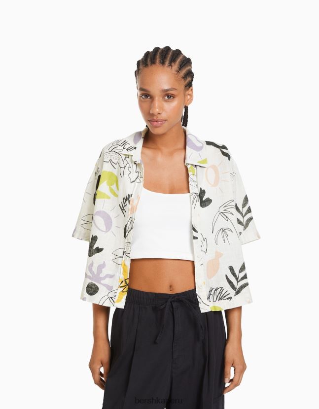 blanco negro Bershka mujer camisa rústica manga corta texturizada 806J6B906