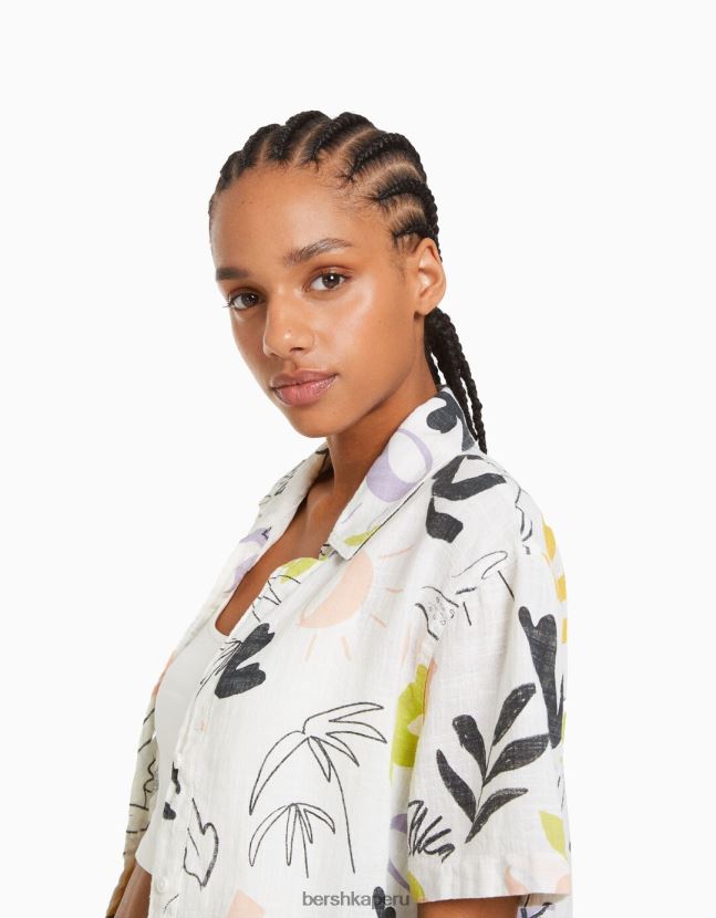 blanco negro Bershka mujer camisa rústica manga corta texturizada 806J6B906