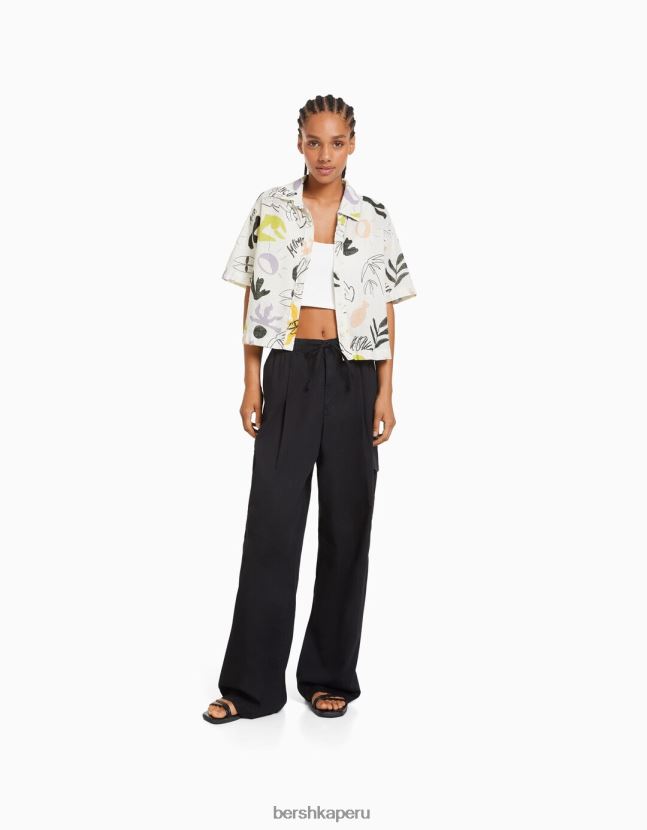 blanco negro Bershka mujer camisa rústica manga corta texturizada 806J6B906