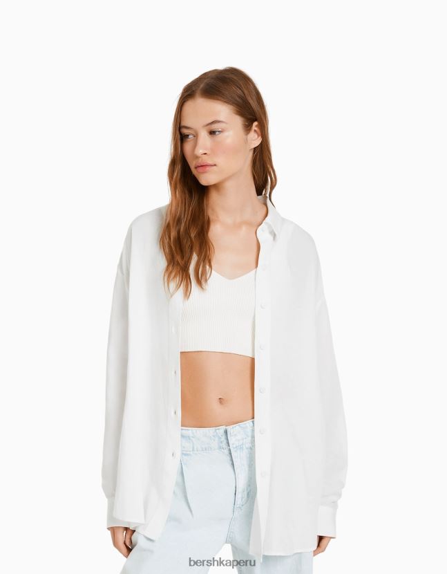 blanquecino Bershka mujer camisa oversize de lino de manga larga 806J6B903