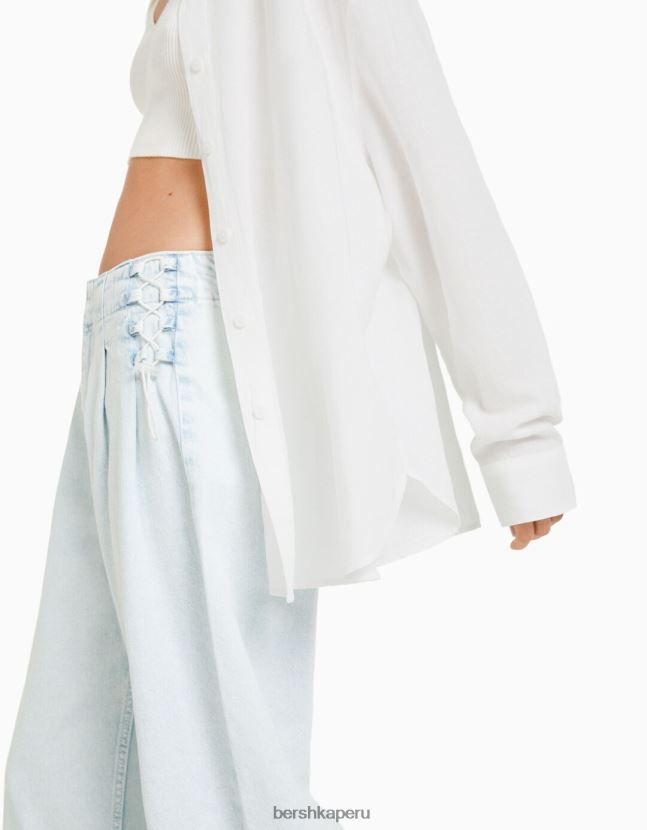 blanquecino Bershka mujer camisa oversize de lino de manga larga 806J6B903