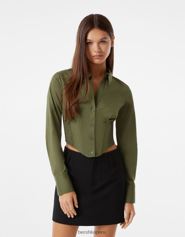caqui Bershka mujer camisa corsé de popelina entallada con manga larga 806J6B930