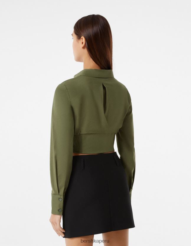 caqui Bershka mujer camisa corsé de popelina entallada con manga larga 806J6B930