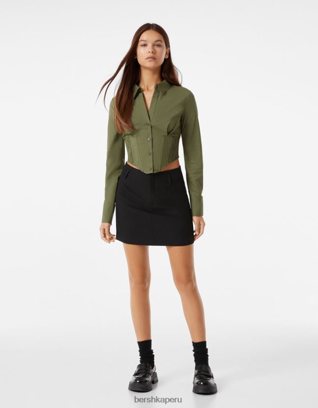 caqui Bershka mujer camisa corsé de popelina entallada con manga larga 806J6B930