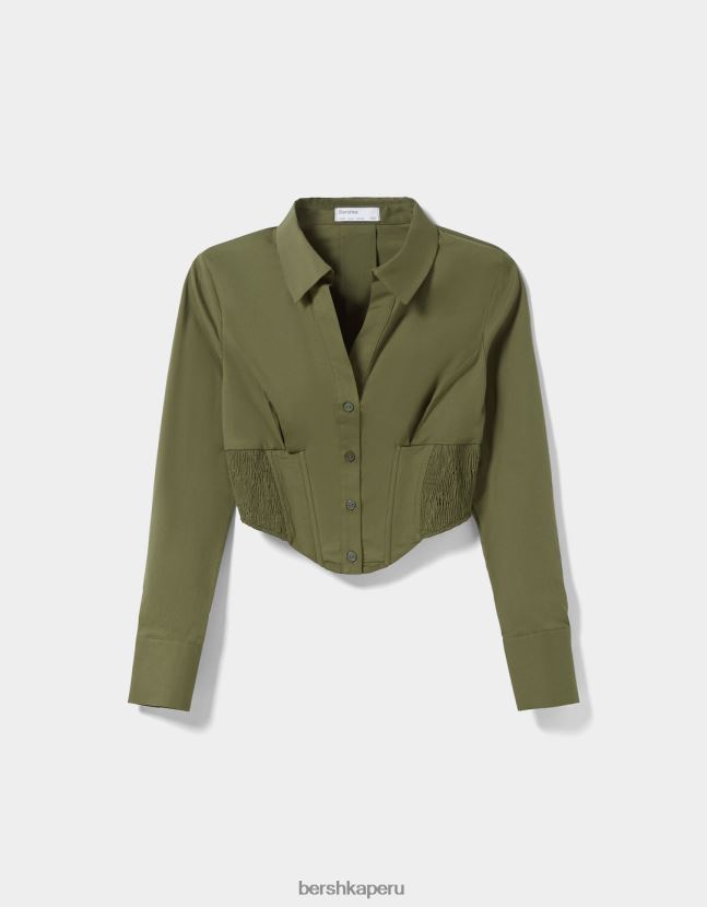 caqui Bershka mujer camisa corsé de popelina entallada con manga larga 806J6B930