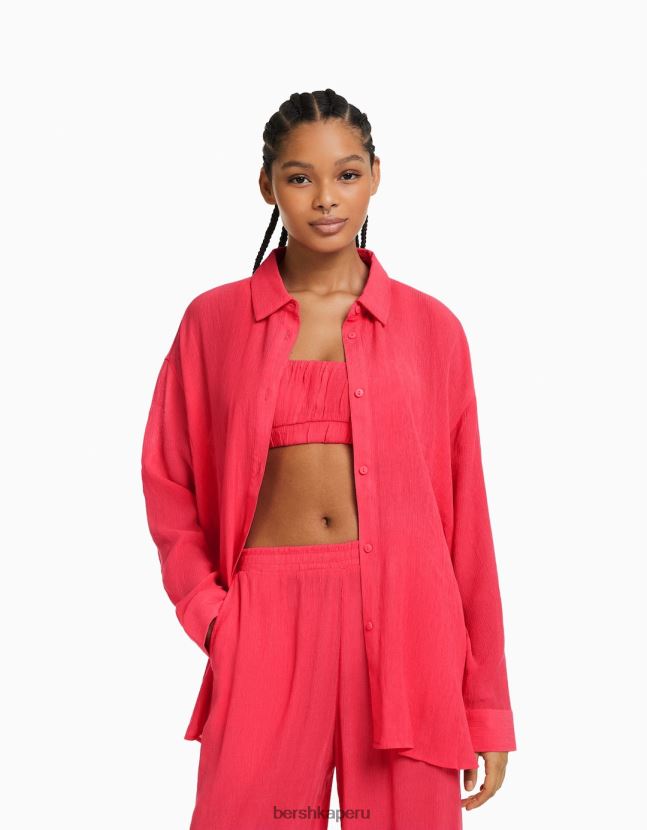 coral Bershka mujer camisa oversize de crepé de manga larga 806J6B919