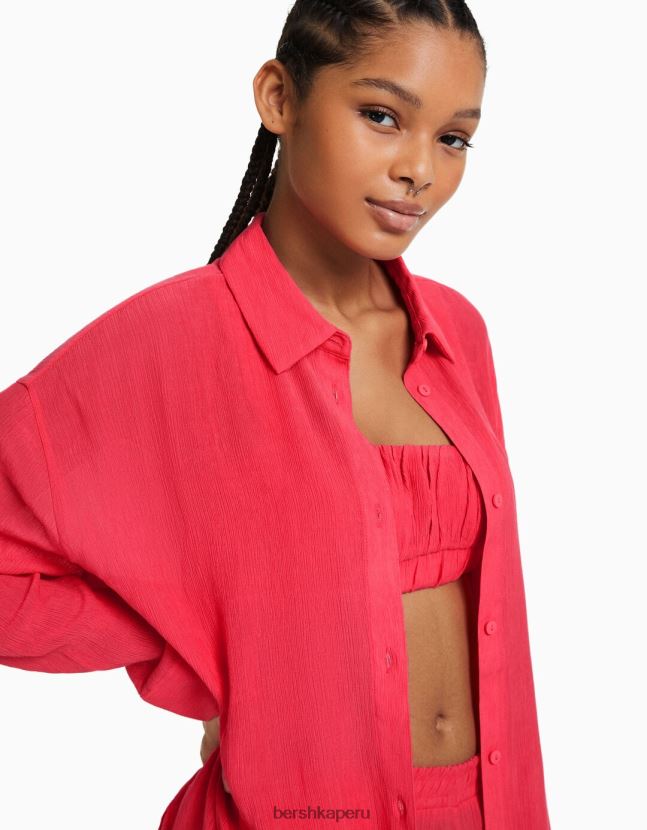 coral Bershka mujer camisa oversize de crepé de manga larga 806J6B919