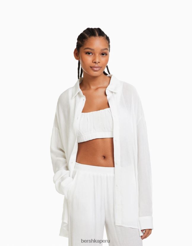crema Bershka mujer camisa oversize de crepé de manga larga 806J6B917