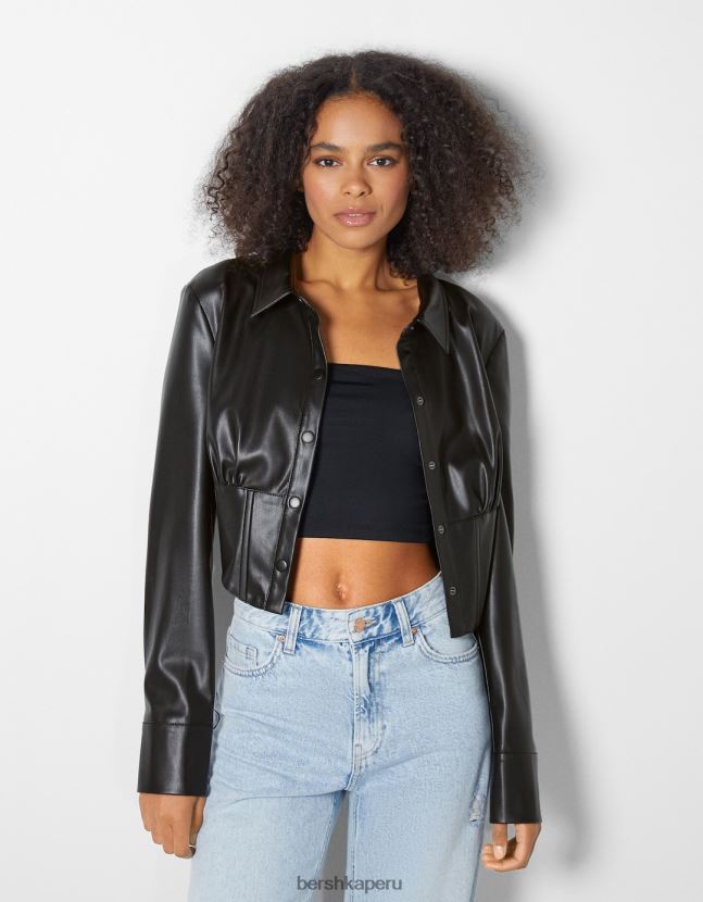 negro Bershka mujer camisa estilo corsé de piel sintética 806J6B947