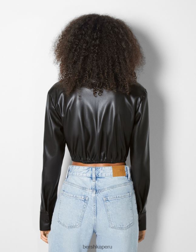 negro Bershka mujer camisa estilo corsé de piel sintética 806J6B947
