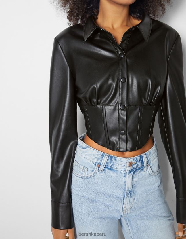 negro Bershka mujer camisa estilo corsé de piel sintética 806J6B947