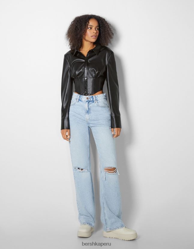 negro Bershka mujer camisa estilo corsé de piel sintética 806J6B947
