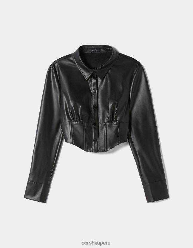 negro Bershka mujer camisa estilo corsé de piel sintética 806J6B947
