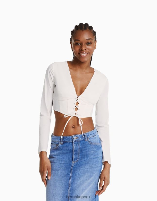 otro Bershka mujer camisa corsé ajustada de popelina con cordones y manga larga 806J6B937