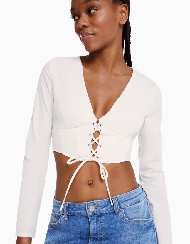 otro Bershka mujer camisa corsé ajustada de popelina con cordones y manga larga 806J6B937