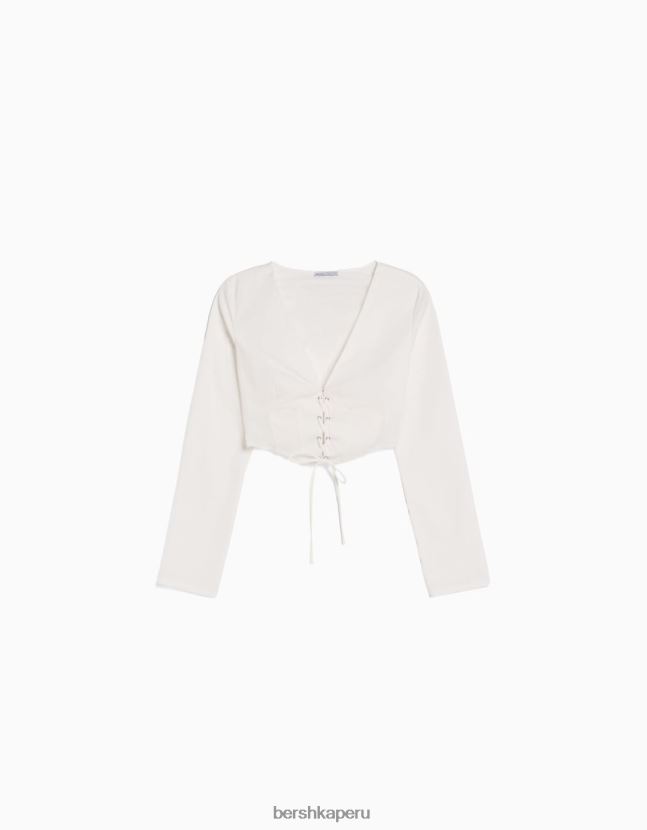 otro Bershka mujer camisa corsé ajustada de popelina con cordones y manga larga 806J6B937