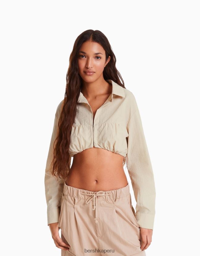 piedra Bershka mujer camisa cropped de nailon con manga larga fruncida al frente y stopper 806J6B940