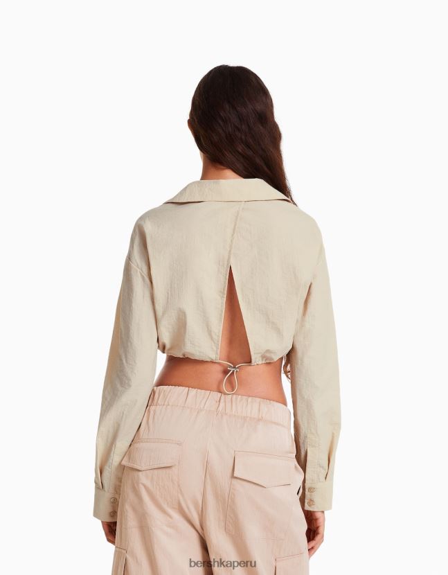 piedra Bershka mujer camisa cropped de nailon con manga larga fruncida al frente y stopper 806J6B940