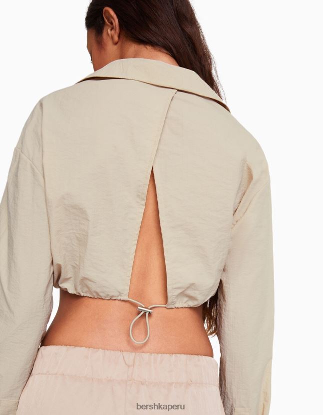 piedra Bershka mujer camisa cropped de nailon con manga larga fruncida al frente y stopper 806J6B940